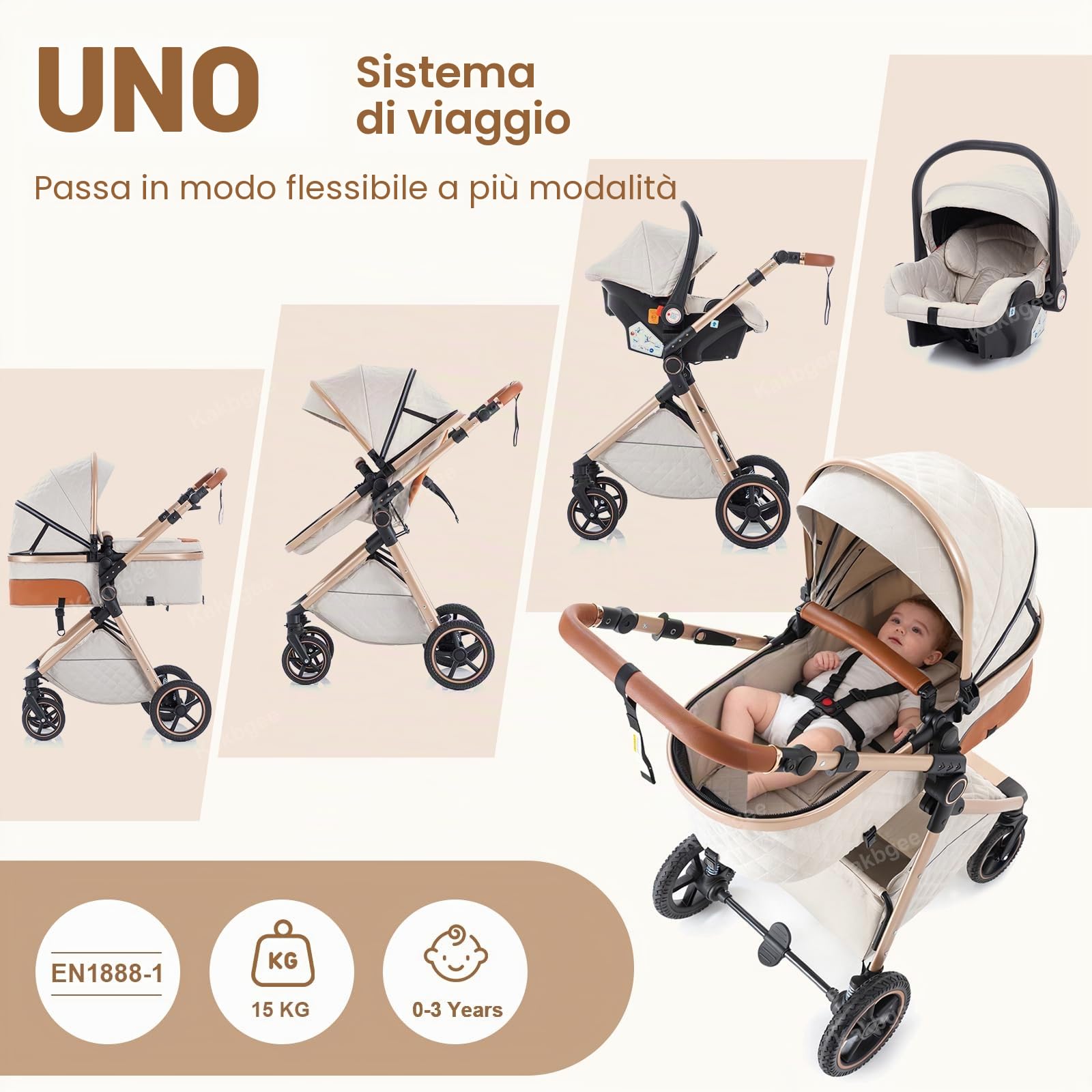 Passeggino 3 in 1 con Seggiolino Auto, Carrozzina Piegevole, 7-Altezza Regolabile, Sospensione 4 Ruote, Copripioggia e Zanzariera, Baby Stroller per Neonati 0-3 Anni (15kg), Grigio chiaro