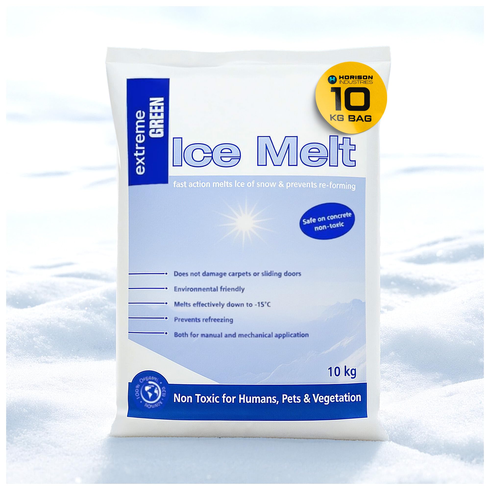 Horison Industries Ice Melt, 10Kg De-Icer For Driveway, Fast Acting Car Deicer To -15°C, Pet Friendly De Icer Non Corrosive Ice Melt For Sidewalk, Concrete & Outdoor Deicing Salt Grit