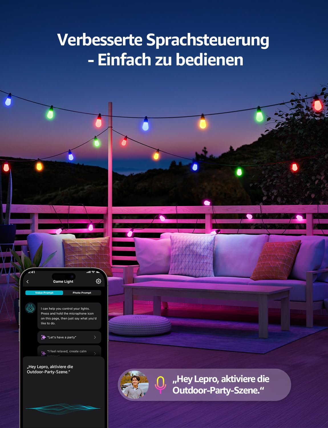 Lepro ZB1 AI LED Lichterkette Außen 30m, RGB+Warmweiß Smarte LED S14 WLAN Glühbirnen,App-Steuerung,Funktioniert mit Alexa&Google,IP65,Personalisierter KI-Lichtdesigner,ohne Fernbedienung, 30 LEDs