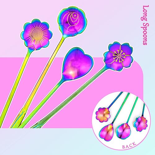Miniatura 4 de Juego de 9 cucharas de flores arcoíris, 2 cucharaditas reutilizables de acero inoxidable de diferentes tamaños para mezclar bebidas mermelada de