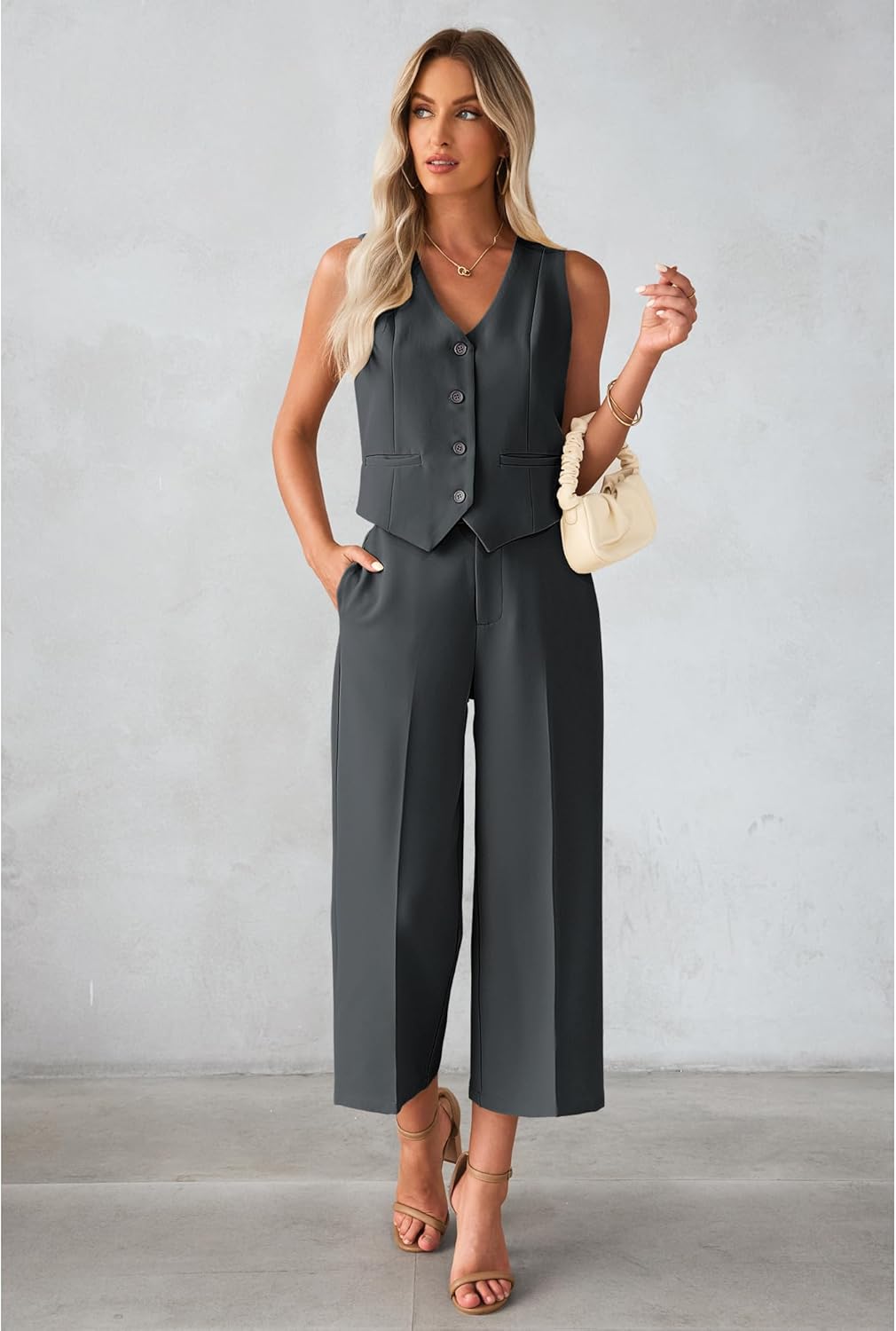 luvamia Pant Suits for Women Dressy Casual 2 Piece Sets Sleeveless Blazer Vest with Wide Leg Capri Pants Work Outfit - Image 6