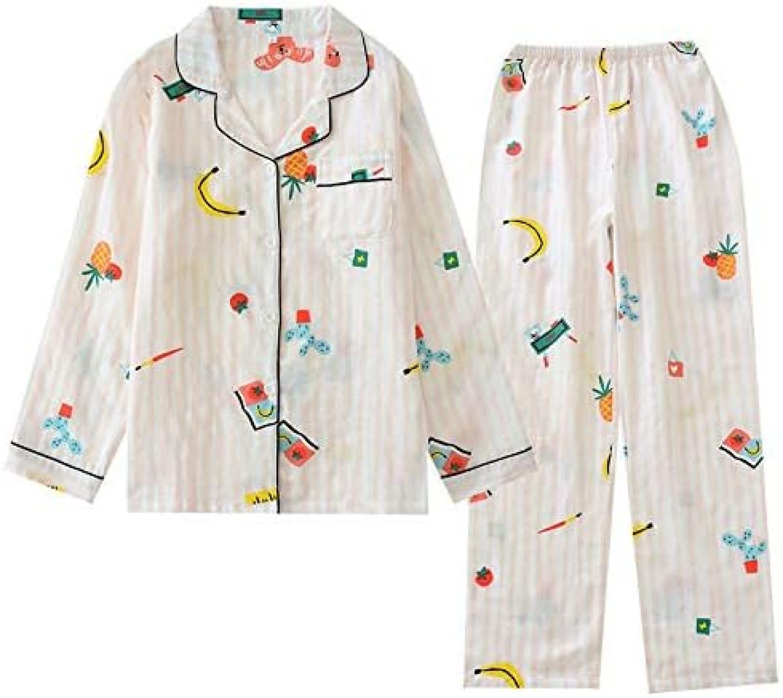 Conjunto De Pijamas Para Mujer 100% Gasa De Algodón Con Estampado De Fruta De Plátano, Camisa Y Pantalones De 2 Piezas, Comodidad,A,L