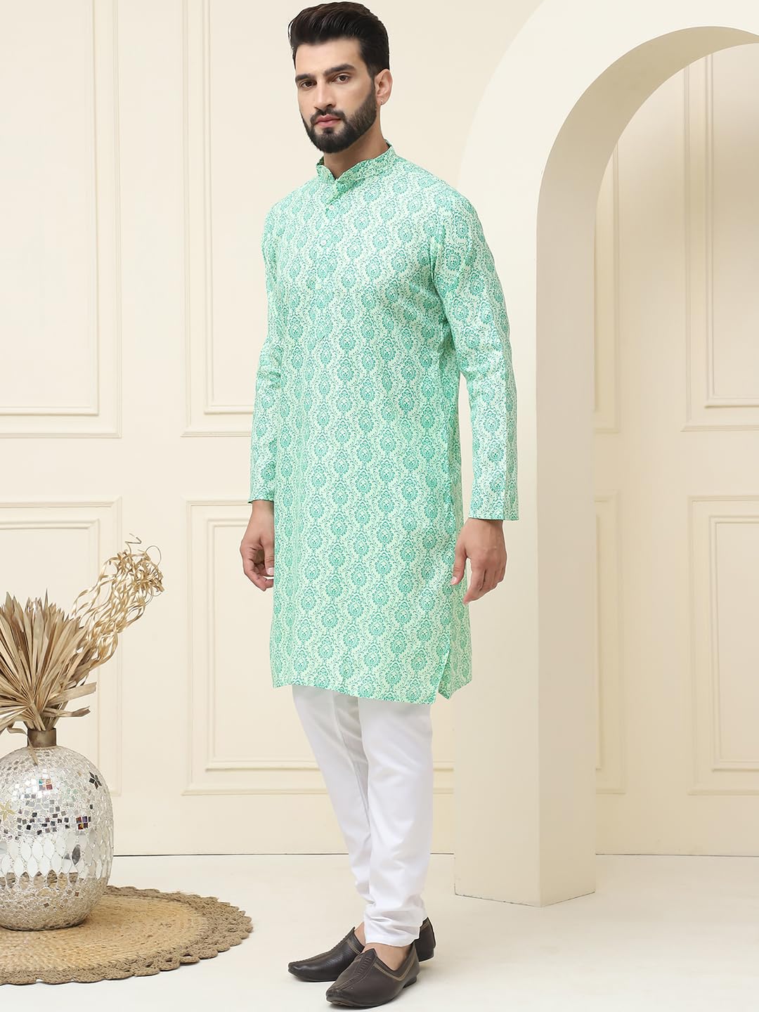 Sojanya (Since 1958 Men's Cotton Blend Pista Green Printed Kurta And White Churidar Pyjama Set