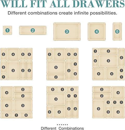 Miniatura 24 de Juego de 23 organizadores de cajones, 5 bandejas organizadoras de cajones de baño y cocina, cubos de almacenamiento transparentes para maquillaje