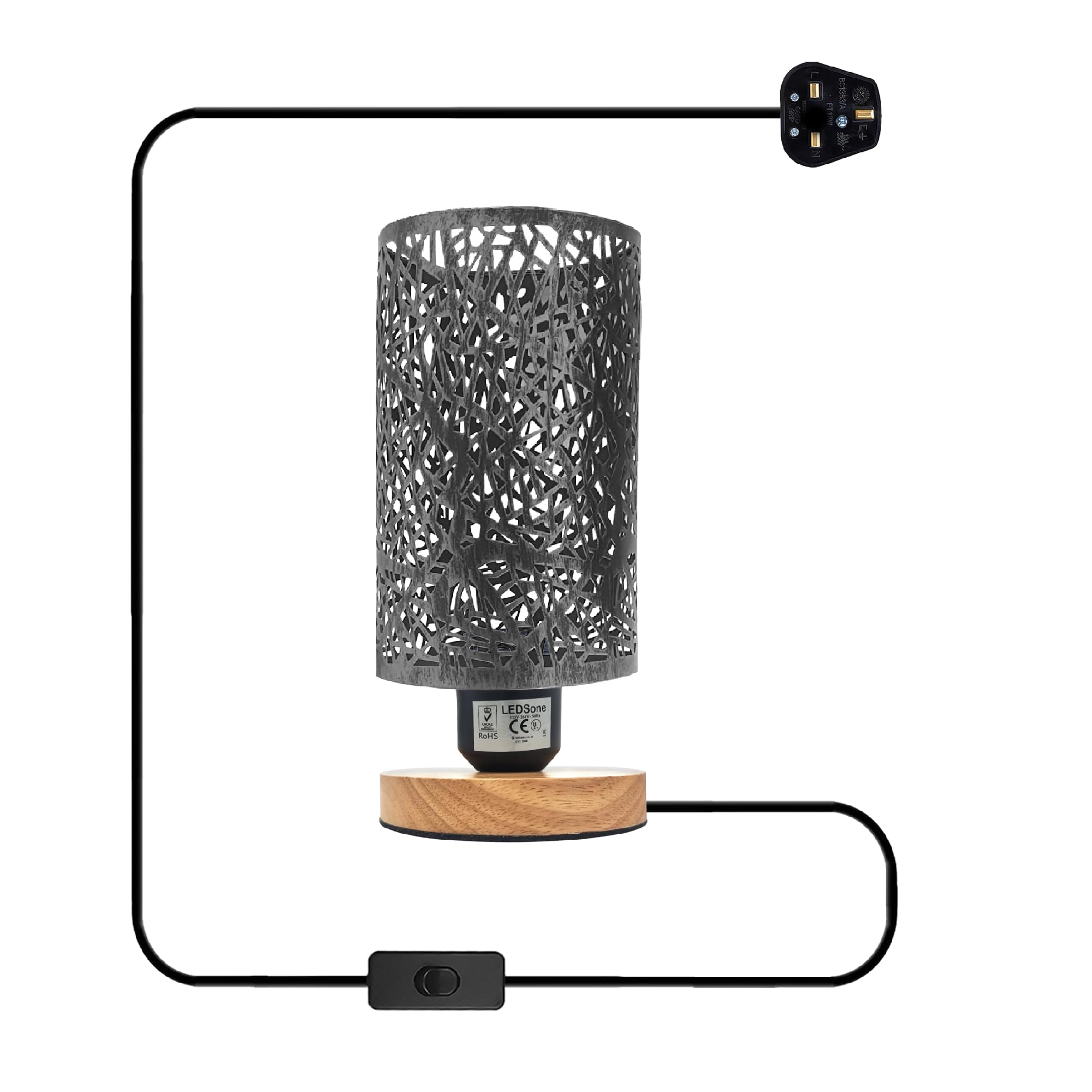 LEDSone Wooden Stand Bedside Table Lamp Modern Round Nightstand Lamp with Solid Wood Desk Metal Barrel Cage with 3 Pin Plugin On/Off Switch Control Lamp for Bedroom (Brushed Silver)