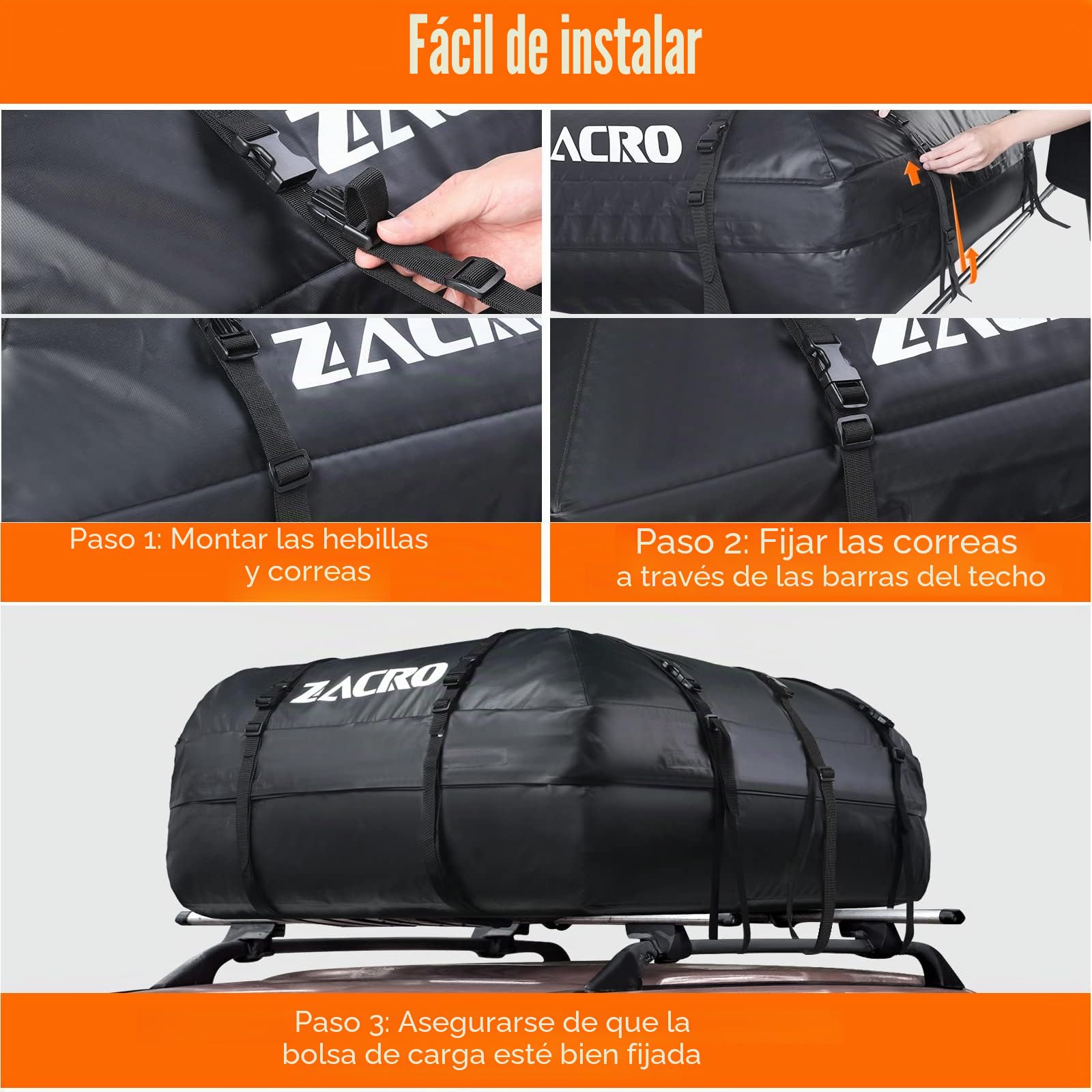 Zacro 425L Bolsa de Techo,Techo Coche Plegable 15 Pies Cúbicos, con Tapete Antideslizante y Equipaje Candado para Vehículos con o sin Barras de Techo, Incluye 10 Correas Reforzadas y 6 Puerta Ganchos