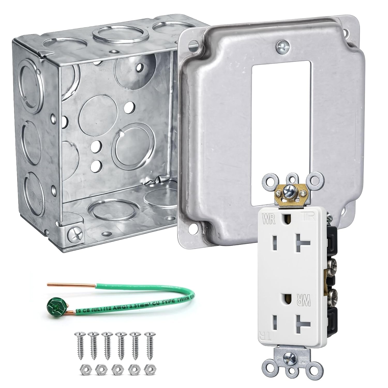 Outlet Box Kit, 4x4 Inch Square Galvanized Steel Electrical Box, 20 Amp 125V Tamper & Weather Resistant, 30.3 Cu in Capacity, 10 Knockouts, Rocker Switch Exposed Work Cover, Matching Screws Included
