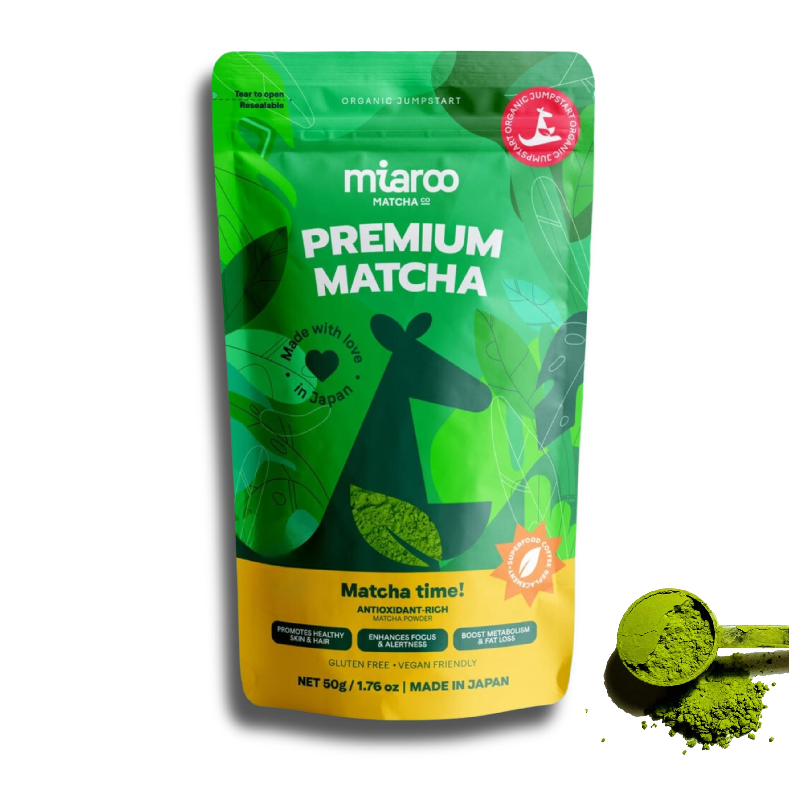 Japanese Ceremonial Grade Matcha 50g (25 Servings, 70mg Caffeine) | Green Tea Powder, Coffee Replacement for Energy, Calm Focus & No Jitters or Crash | Perfect for Lattes, Smoothies, Detox | Miaroo