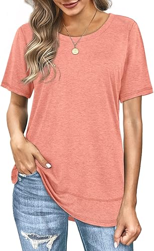Dofaoo Camisetas de verano para mujer, ajuste holgado, plisado, cuello cuadrado, dobladillo curvado, tallas S-2XL