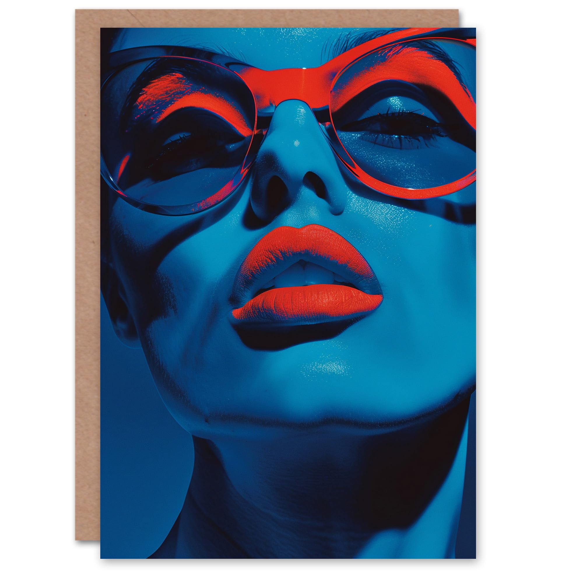 Birthday Card Red Lipstick and Glasses Blue Lady Portrait Greeting Card