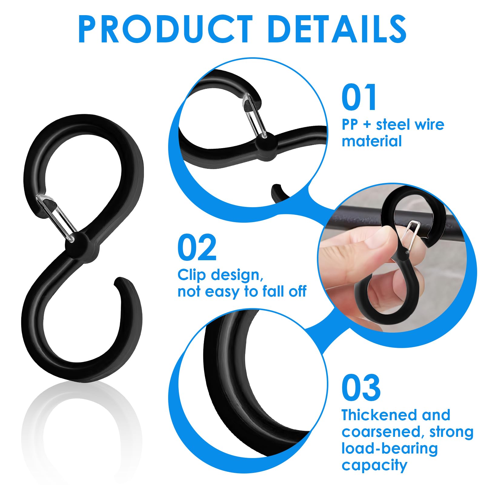 10pcs Large S Hooks for Hanging Heavy Duty, Black S Hook with Safety Buckle Pragmatic S Shaped Hanging Hooks Suitable Diameter up to 3.2cm for Kitchen Bathroom Bedroom Utensils Clothes Towels(9.2cm) - Image 4