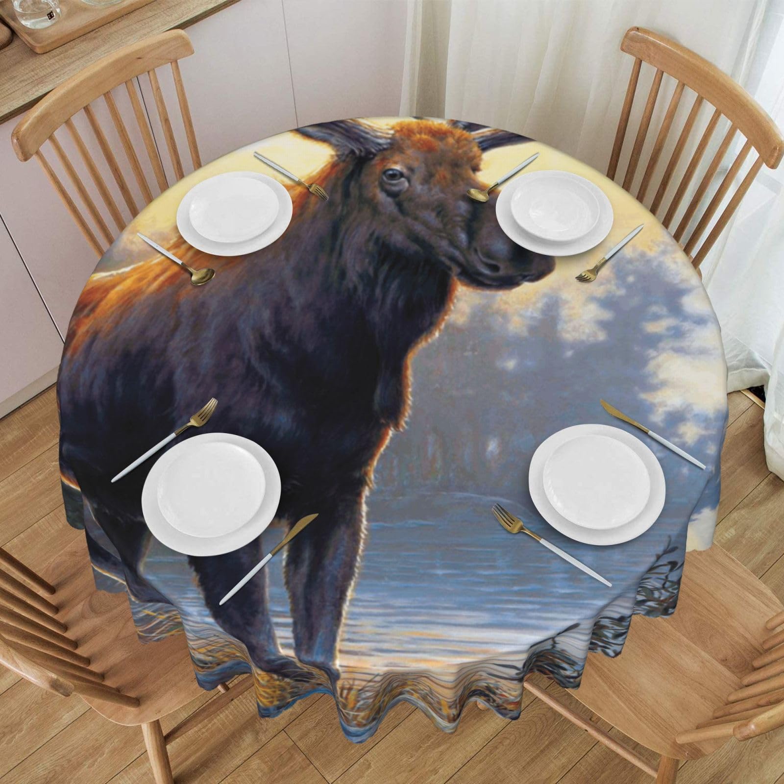 DCEHGEW 60 In Round Tablecloth with Lace, Moose Deer Printed Oilproof & Washable Fabric Picnic Table Cloth Table Covers