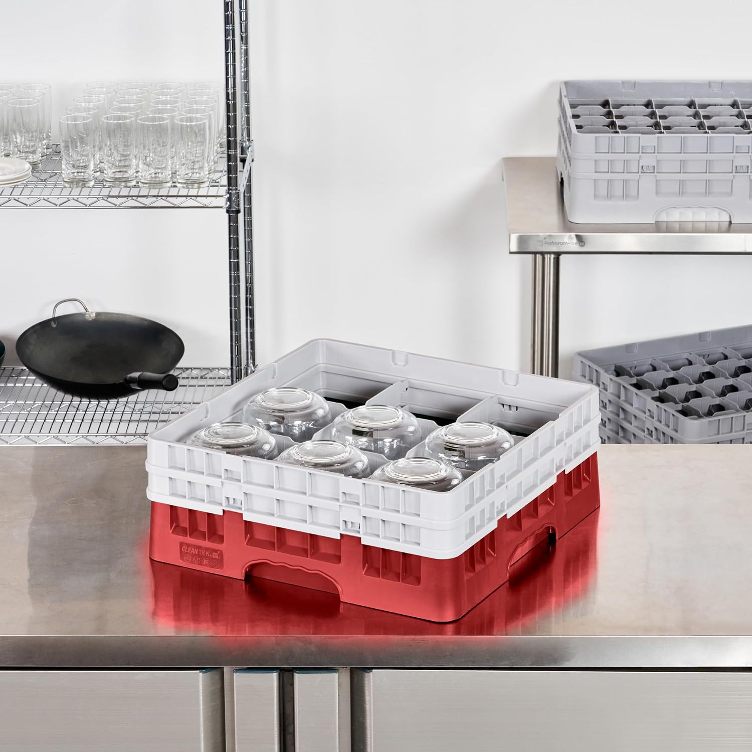 Restaurantware Clean Tek Professional 9 Compartment Glass Rack,1 Heavy Duty Durable Tray, With 1 Full Drop Extender and 1 Half Drop Extender, Red Glass Holder For Restaurants, Bars, and Pubs