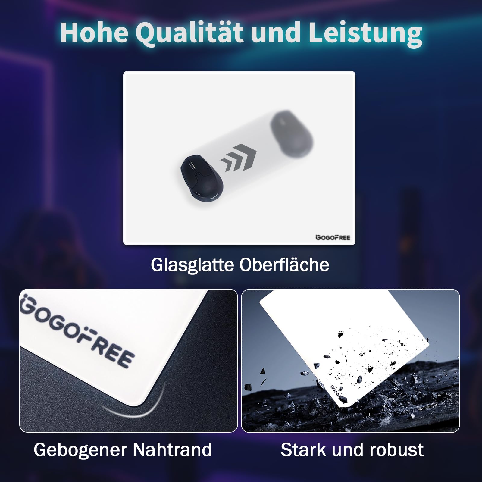 Tappetino per mouse in vetro temperato con superficie dura, finitura ultra latte, tappetino per mouse grande, impermeabile, controllo preciso della velocità per Esports (bianco, 300 × 400 mm)