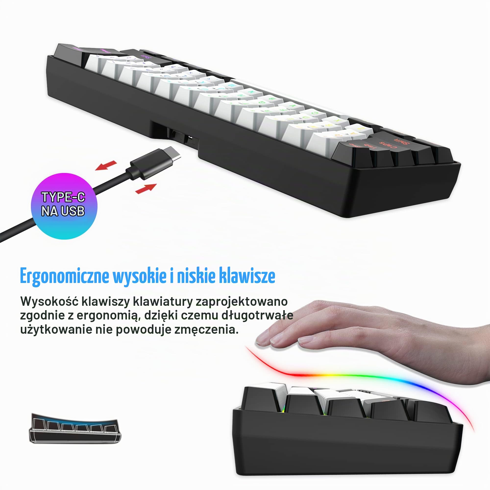 Snpurdiri 60% zestaw bezprzewodowej klawiatury do gier, bezprzewodowa mysz gamingowa, zawiera 2,4 G Small Mini 60% Merchanical Feel, ergonomiczny design, pionowa mysz (czarno-biała)