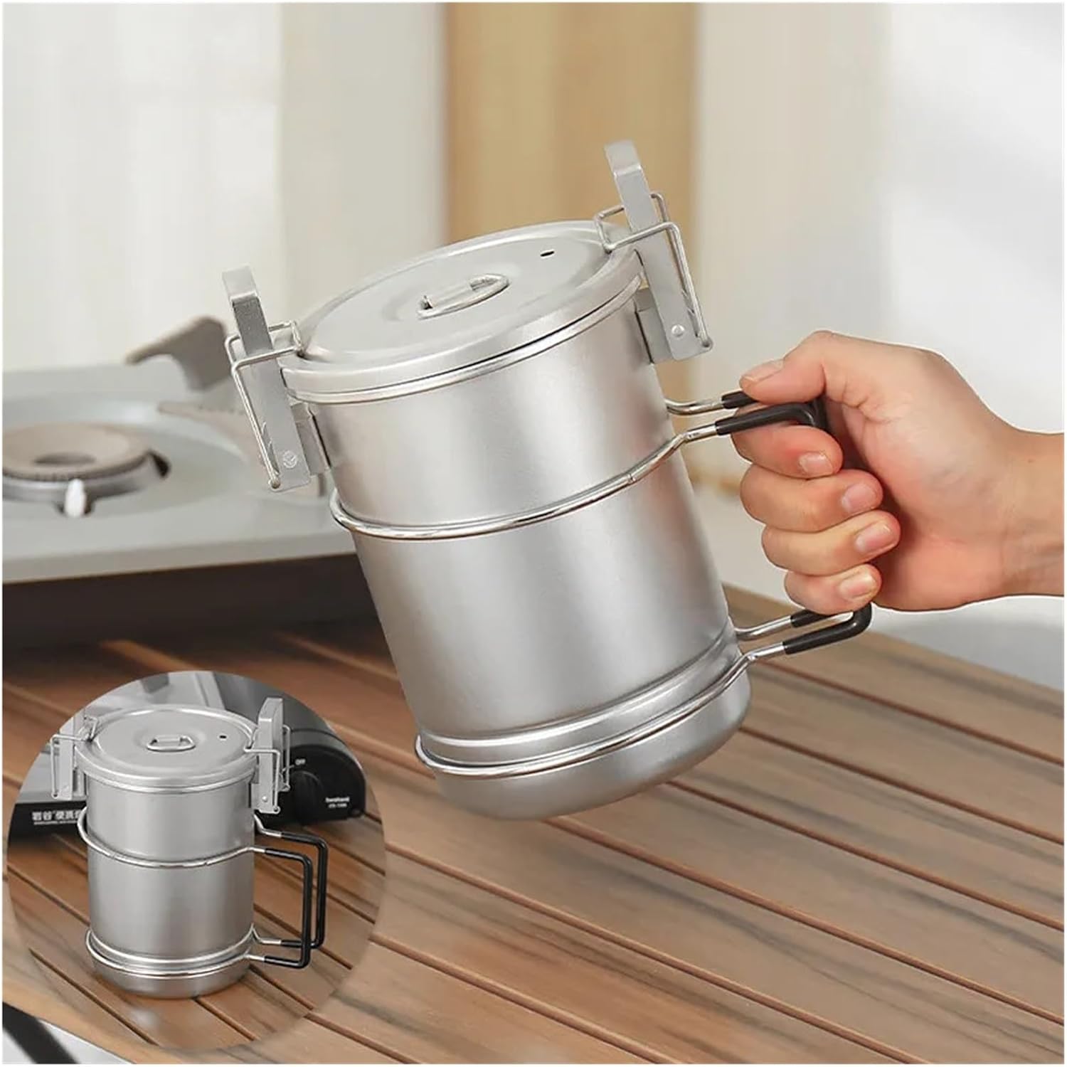 Compatible for Outdoor Camping Cooking Ware Pot Set Hiking Picnic Multi-Purpose Portable Rice Cooker 304 Stainless Steel Utensils Hanging