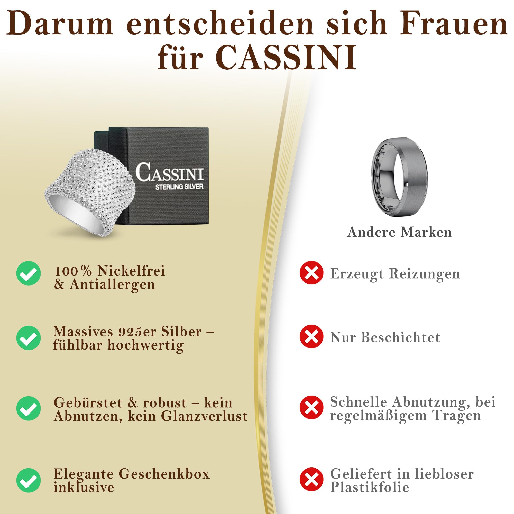 Cassini Ring mit Pünktchen Struktur aus 925er Sterling Silber, breit massiv, innen poliert, Damen Ring 3RAA