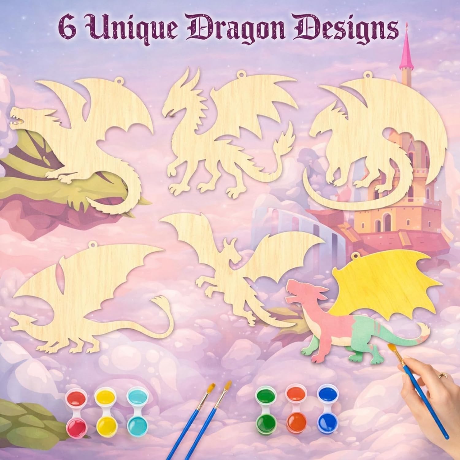 12 Pack Dragon Party favors for Kids – Individually Wrapped Paint-Your-Own Wooden Hanging Crafts with Paints, Brush & Magical Thank-You Cards, Perfect for Fantasy Parties & Classroom Activities