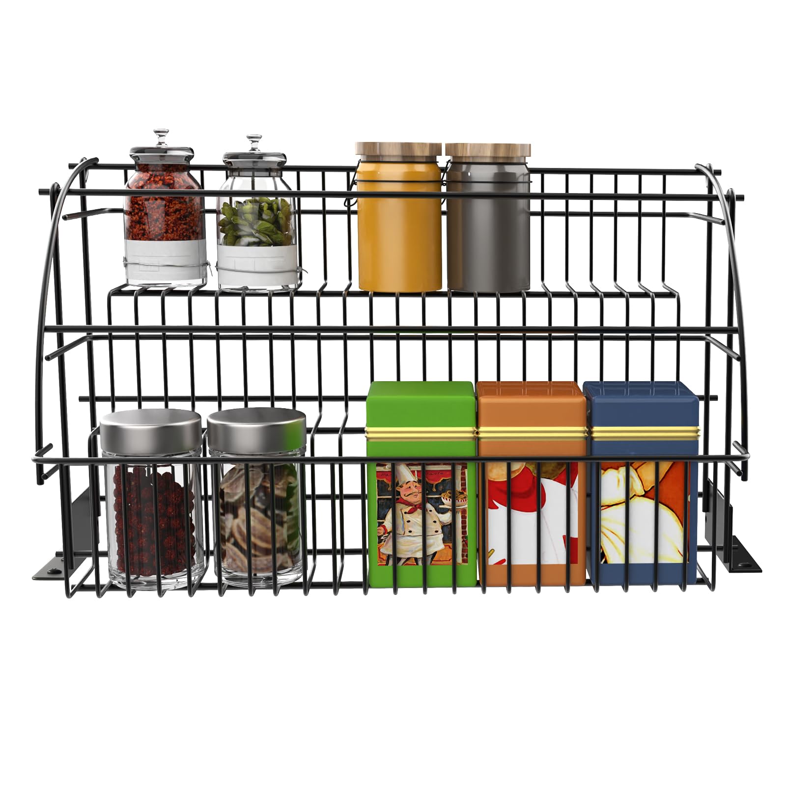 3-Tier Pull Down Spice Rack - Cabinet Mounted Drop Down Shelf Organizer For Spices, Jars, Kitchen Storage