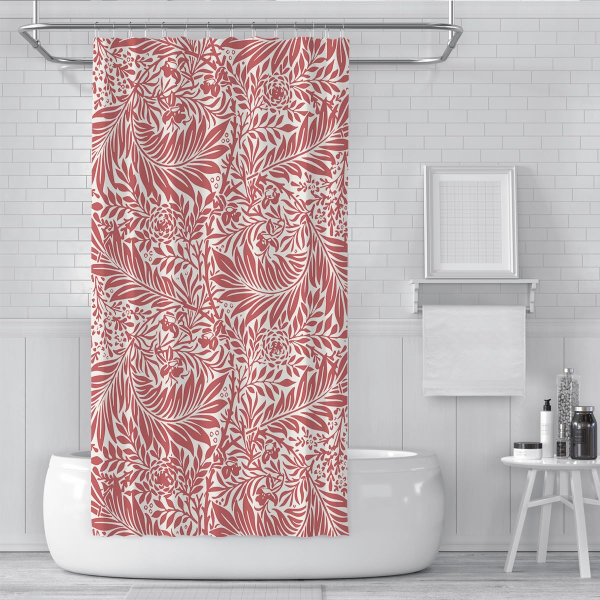 Rideaux Douche Rouge et crème Motifs Floraux et Fruits décoration Salle Bain Rideau Bain en Tissu Polyester étanche Classique et Romantique avec Crochets W150xL200 cm