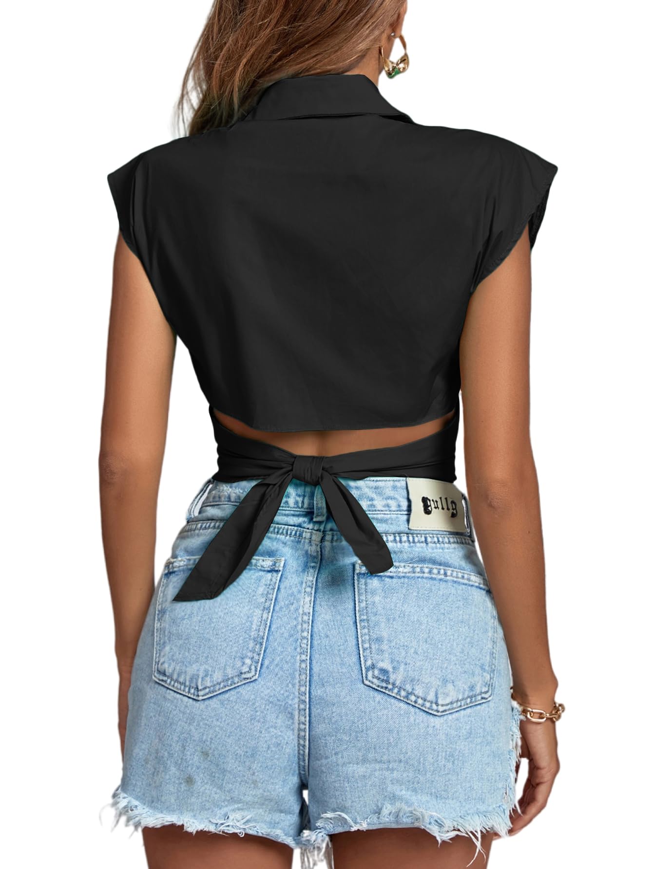 LYANER Women's Collar V Neck Wrap Front Cross Tie Back Cap Sleeve Crop Top Blouse