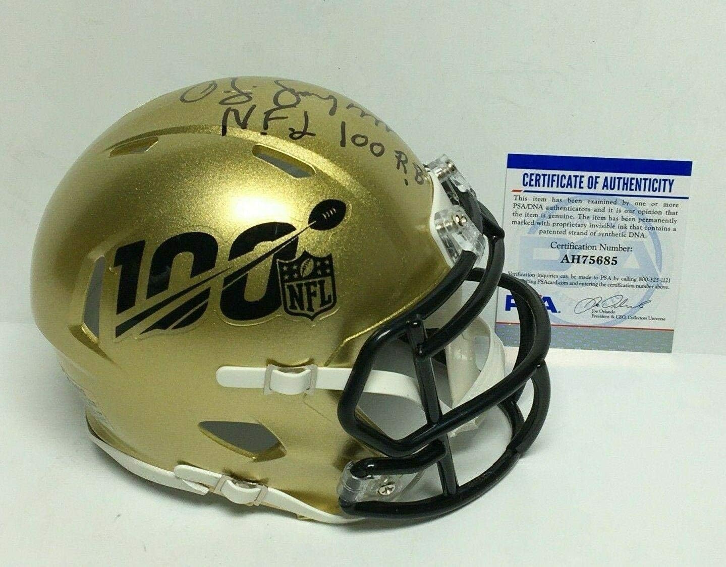 OJ Simpson Signed NFL 100 Gold Speed Football MiniHelmet