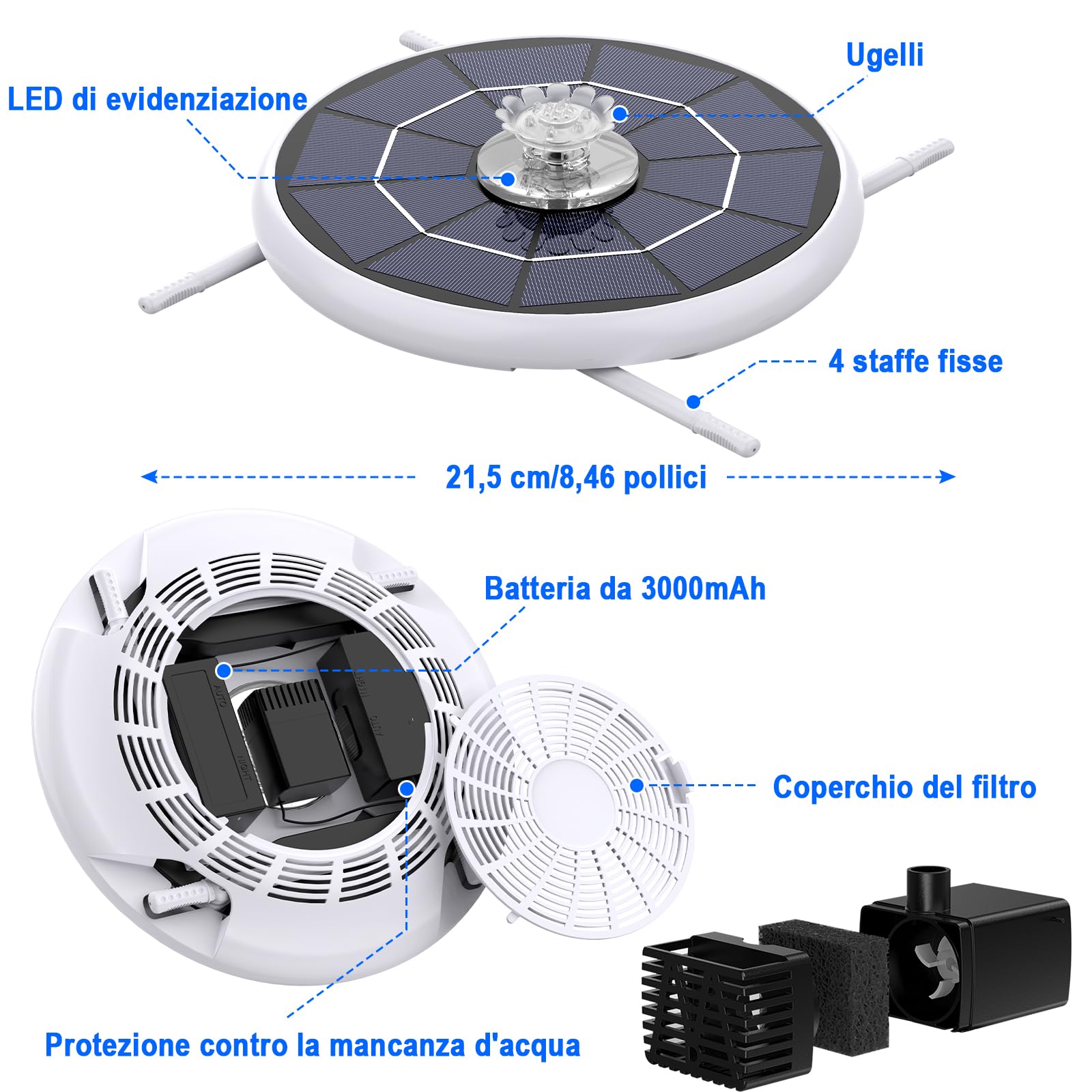 AISITIN 6,5 ​​W LED Fontana Solare per Esterni Migliorata con Batteria da 3300 mAh, Pompa per Fontana con Vari Effetti di Spruzzo, con Barra Luminosa, Fontana Solare per Esterni per Giardino, Laghetto