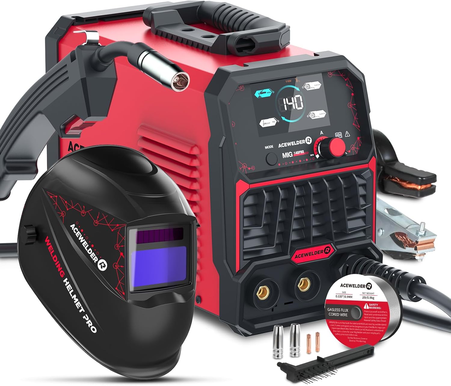 140A MIG Welder, 3 in 1 Flux Core, MIG/LIFT TIG/Stick Welding Machine 110V Portable IGBT Inverter Synergic Control, LED Display with Welding Helmet MIG140PRO-HM