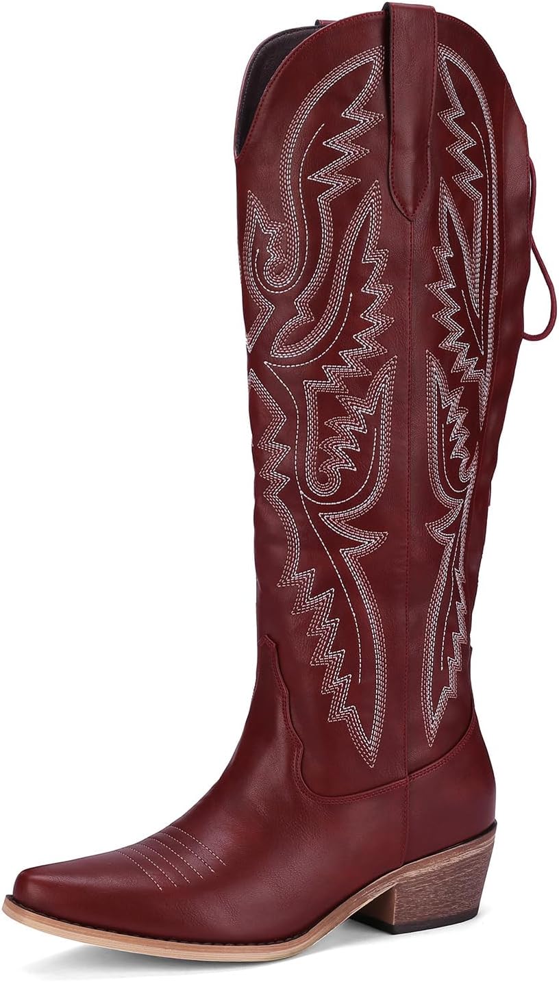 Lace Up Cowboy Boots for Women Embroidered Wide Calf Cowgirl Boots Comfortable Chunky Heel Pointed Toe Trendy Western Shoes for Prom Music Festival