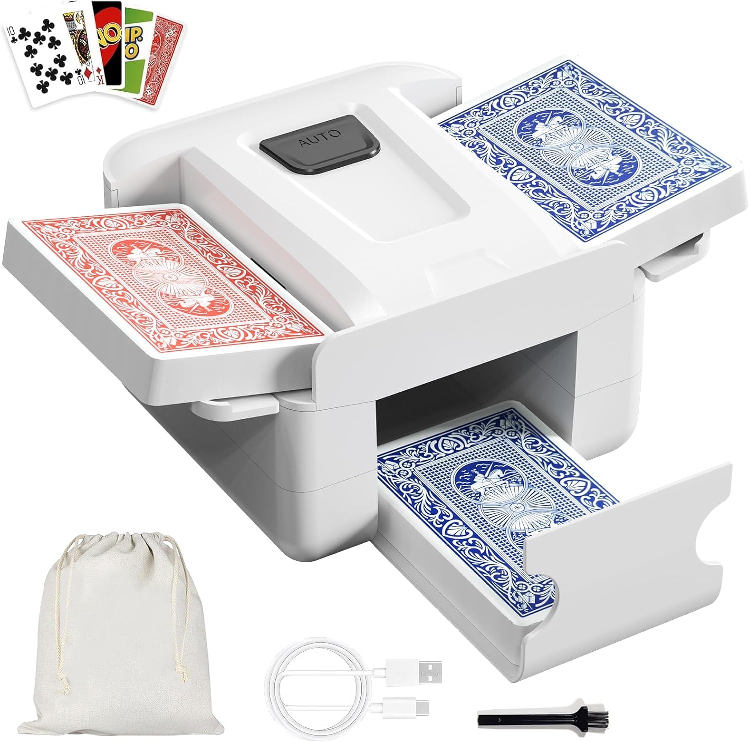 Kartenmischmaschine, Automatischer Kartenmischer für 1–2 Decks, Wiederaufladbarer Kartenmischer mit geräuscharmem Betrieb, USB-C-Akku für Texas Hold’em, Poker, UNO, Blackjack, Skip-Bo, Phase (A)