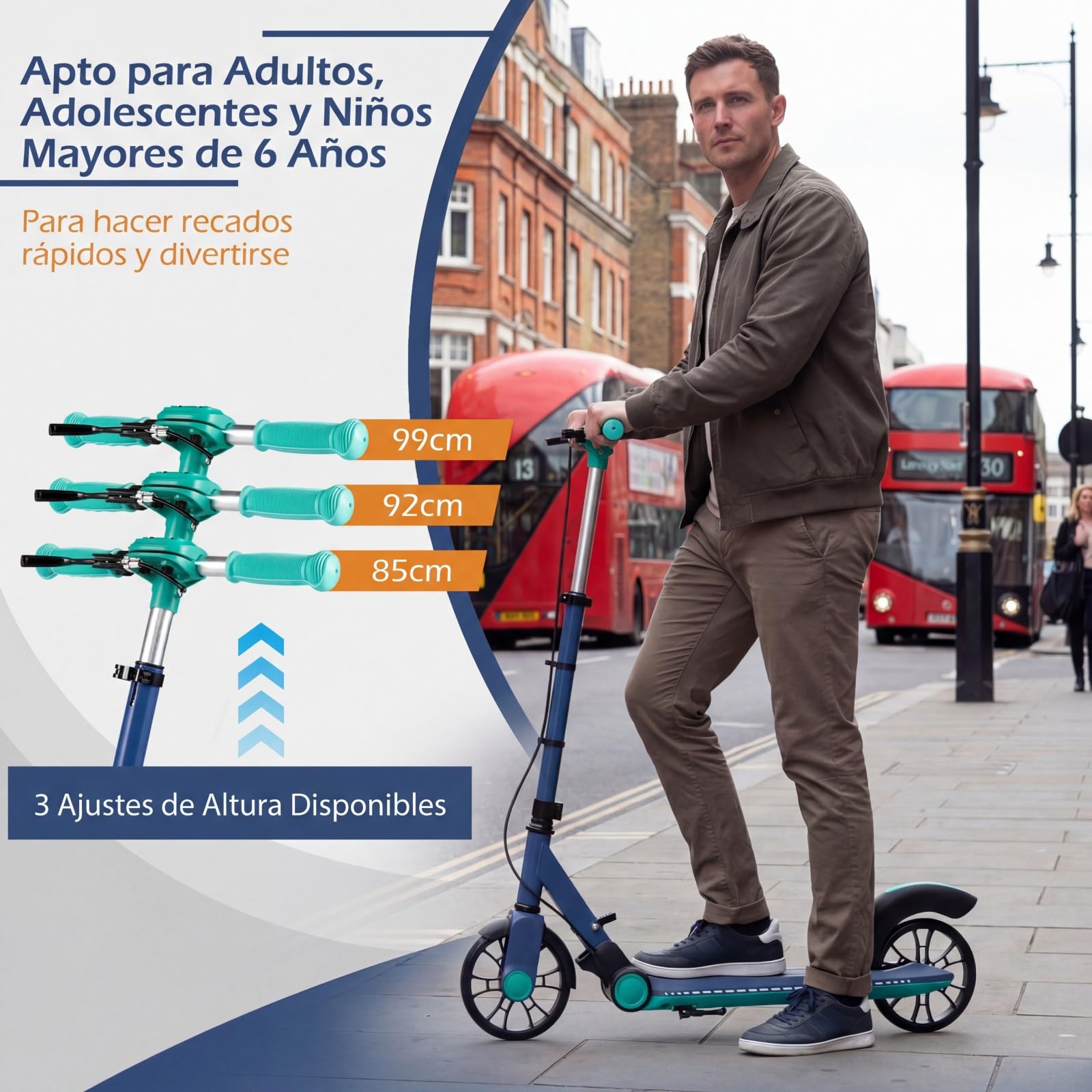 COSTWAY Patinete Plegable con LED Luminosas, Scooter Urbano de Altura Ajustable de 3 Nivles, Patinete Aluminio Ligero de 2 Ruedas para Adolescentes y Adultos, Niños 6+ Años, Carga 100kg — view 2
