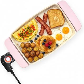 i-Keukenn 10-Inch Pink Ceramic Non-Stick Electric Griddle, 1200W Mini Skillet with Adjustable Thermostat for Pancakes, Eggs & Sausage
