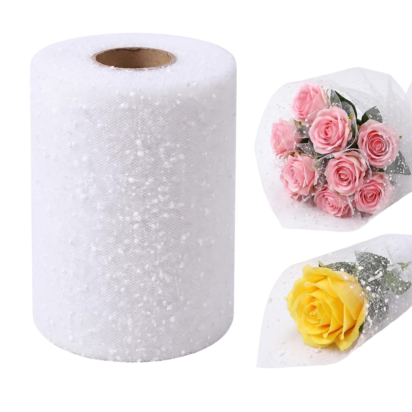 UPSTORE 16 Yards White Snow Dot Floral Wrapping Mesh Paper Roll for Flower Bouquets Wedding Birthday Party Decoration Fresh Flowers Gift Wrap