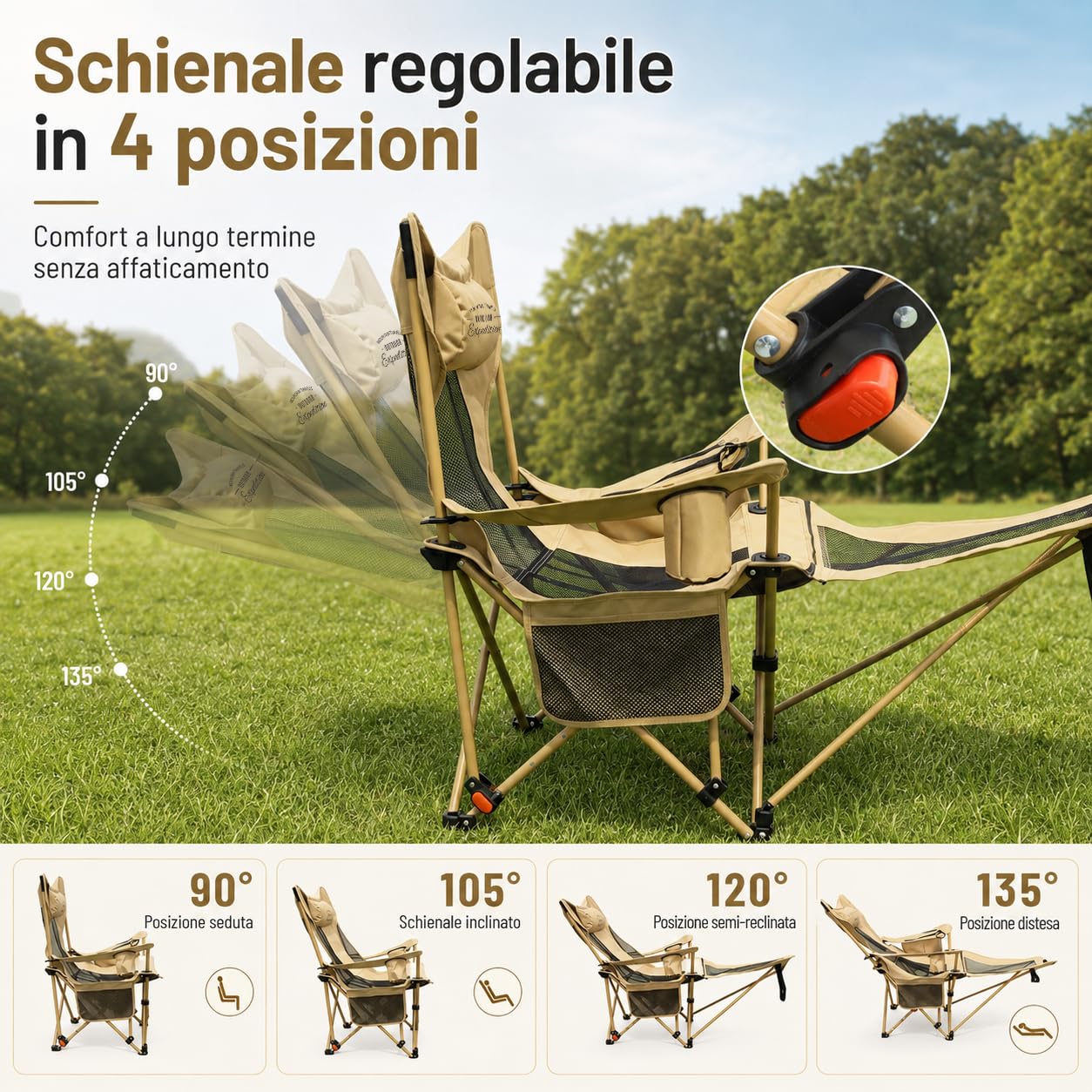 2-in-1 Campingstuhl mit Fußablage, Camping Liegestuhl Klappbar, 4-Fach Verstellbare Rückenlehne, mit Getränkehalter Kühltasche, Campingstühle Erwachsene 120KG, Outdoor Camping Angler Strand