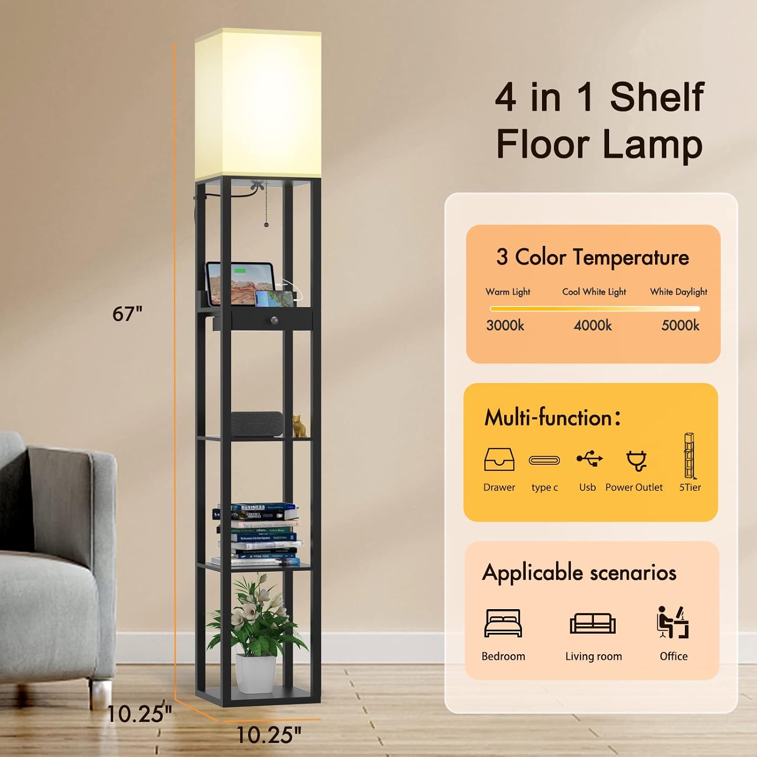 PESRAE Floor Lamp with Shelves by Solid Wood, 5-Tiered Modern Shelf Floor Lamp with Drawer and 2 USB Ports & 1 Outlet, 3 Color Temperature Storage Corner Standing Lamp for Living Room, Bedroom, Black