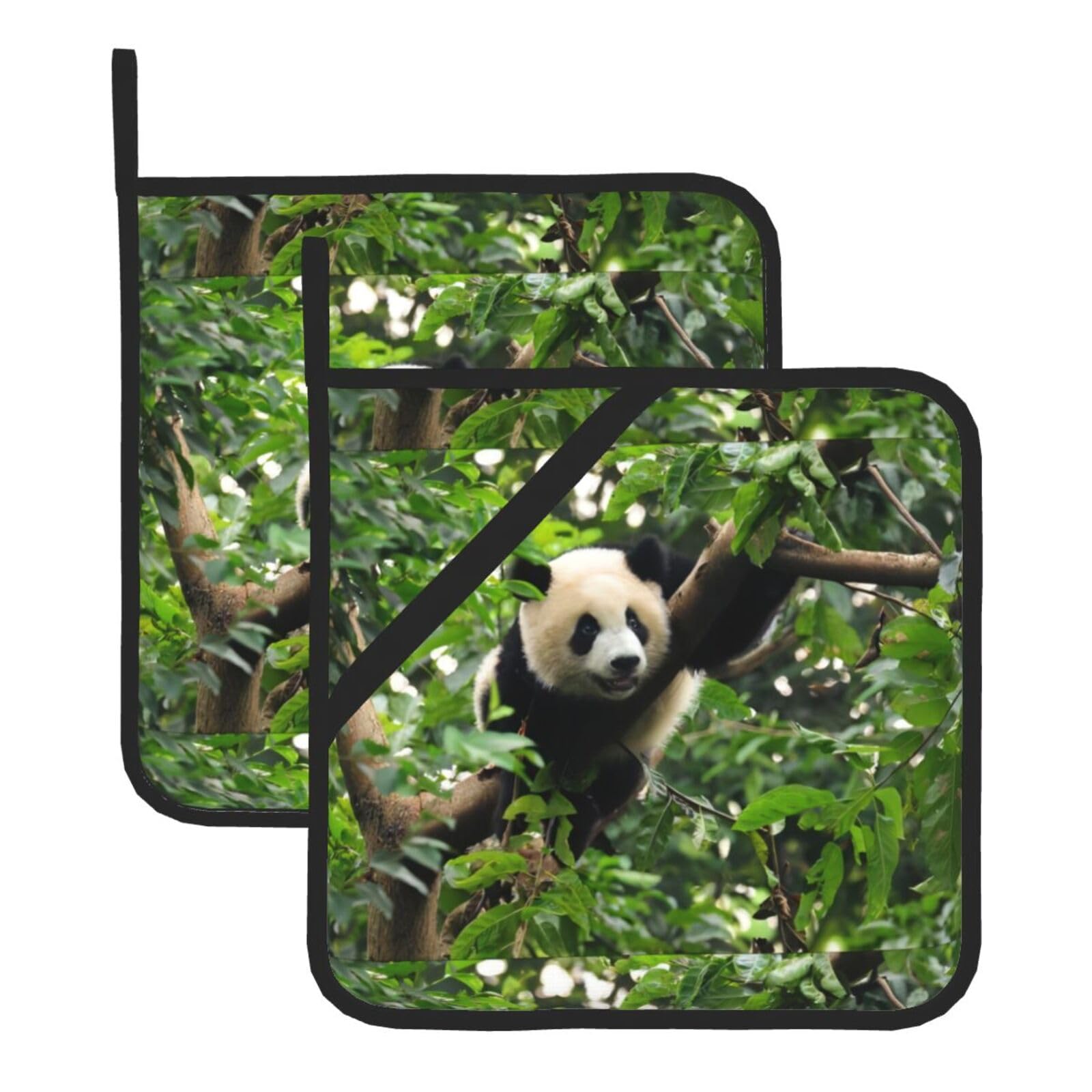 YYHHAOFA Panda Tree Prints Square Hot Pads - Durable Kitchen Covers for Heat Resistance, Waterproof Protection & Easy Cleaning - 2-Pack with Hanging Loops
