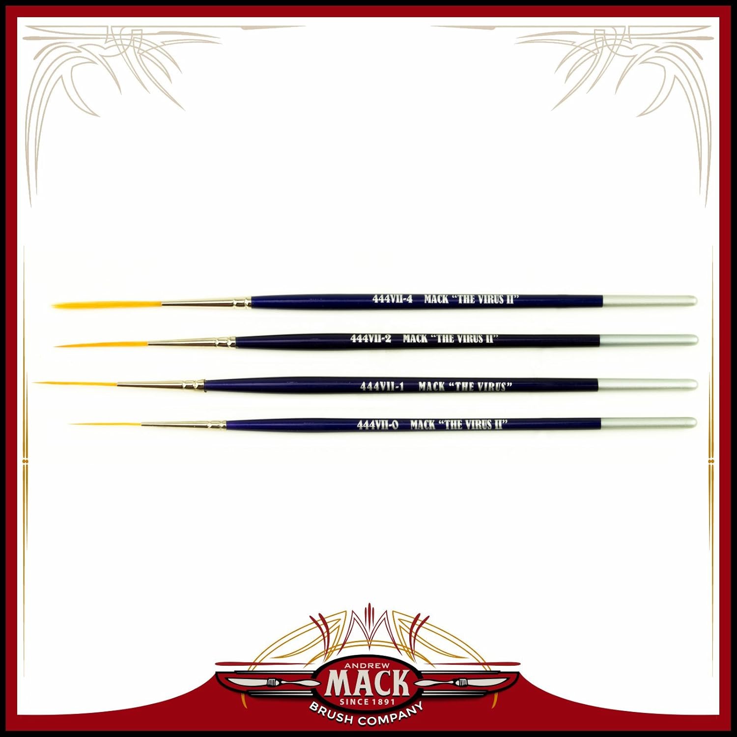 Set of 4 Size 0-4 Series 444VII The Virus II Scrolling Script Pinstriping Brush with Soft Golden Synthetic Hair
