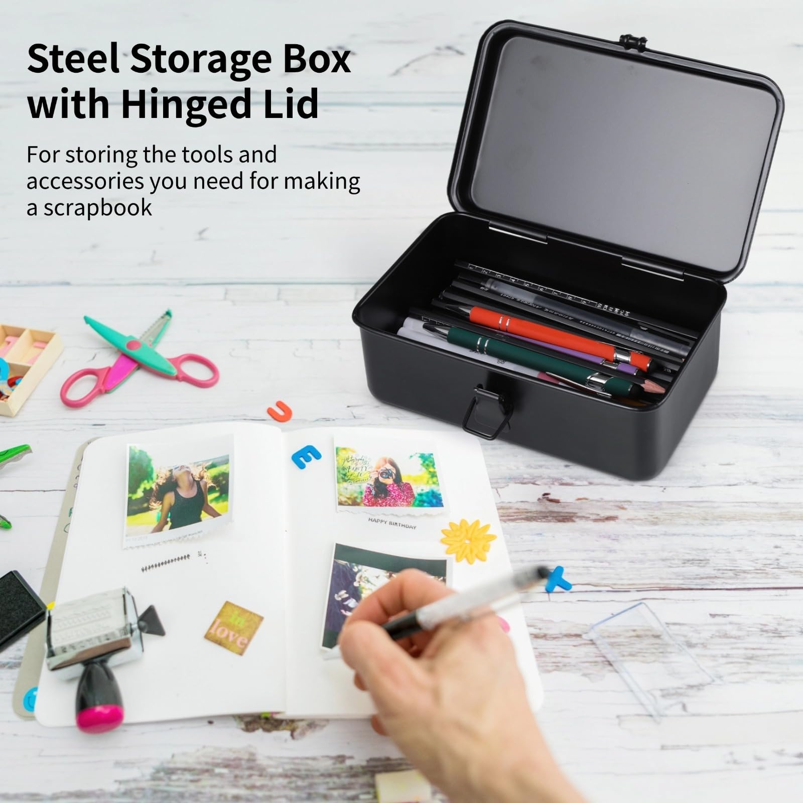 Generisch Caja de almacenamiento de acero con tapa con bisagras, caja de metal rectangular para sellos, organizador de bolígrafos, accesorios, suministros de oficina y herramientas pequeñas