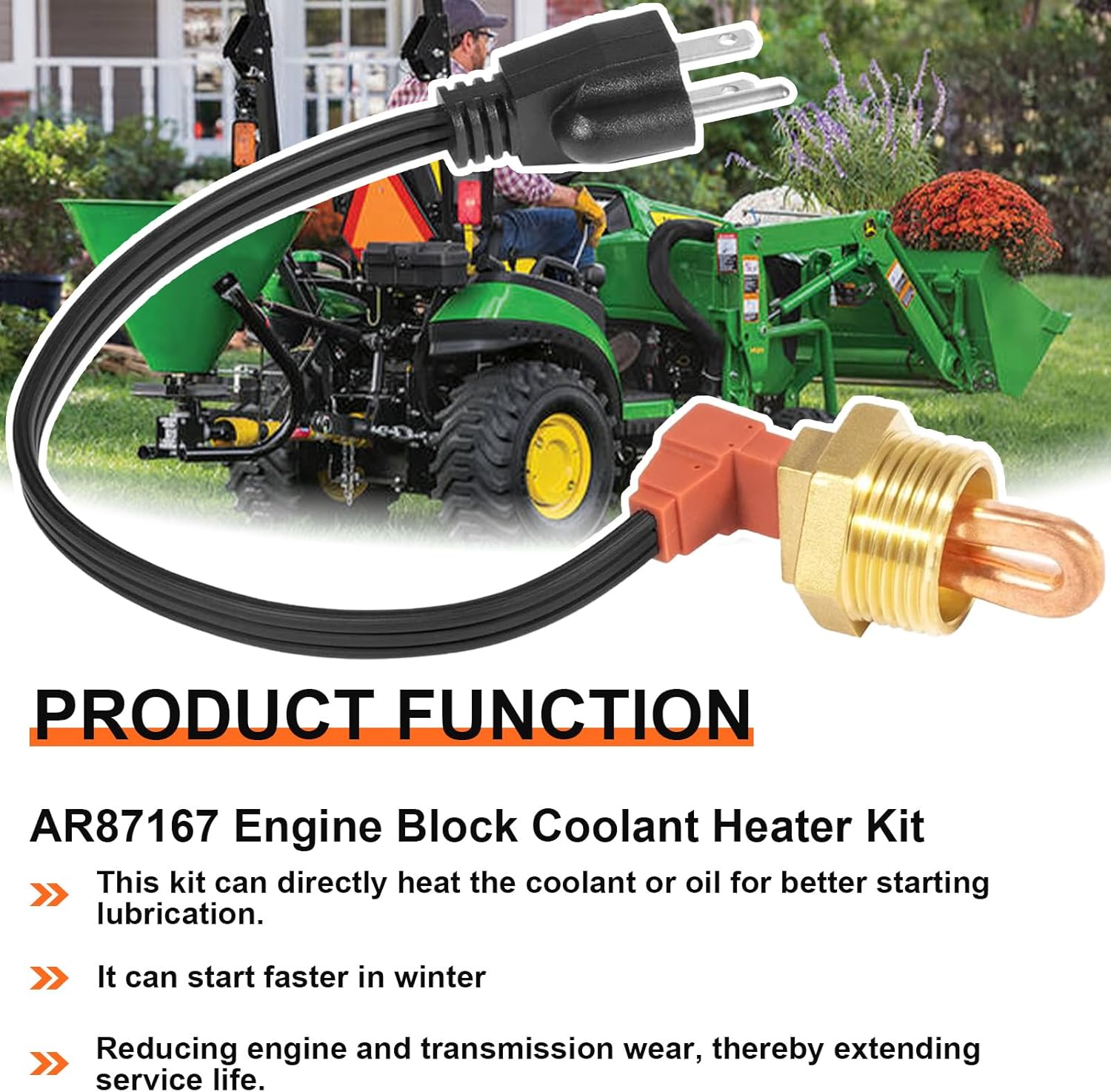 AR87167 Engine Block Coolant Heater Kit Fit for John Deere 1025R 110 2210 2305 4210 445 X495 XUV Gator 850D 855D 855M 865E Tractors, with AR8767 Heater Element & AR87168 Power Cord