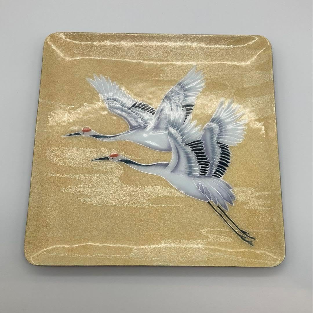 七宝焼　飾り皿　双鶴　ゴールド　箱付 七宝焼 飾り皿 双鶴 ゴールド 箱付 飾皿・15×21 鶴「安藤七宝