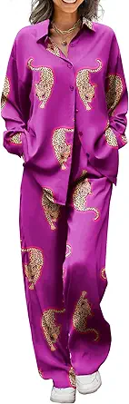 Ekouaer Womens Satin Silky Pajama Set 2 Piece Print PJs Soft Loungewear Button Down Sleepwear with Elastic Waist Long Pants
