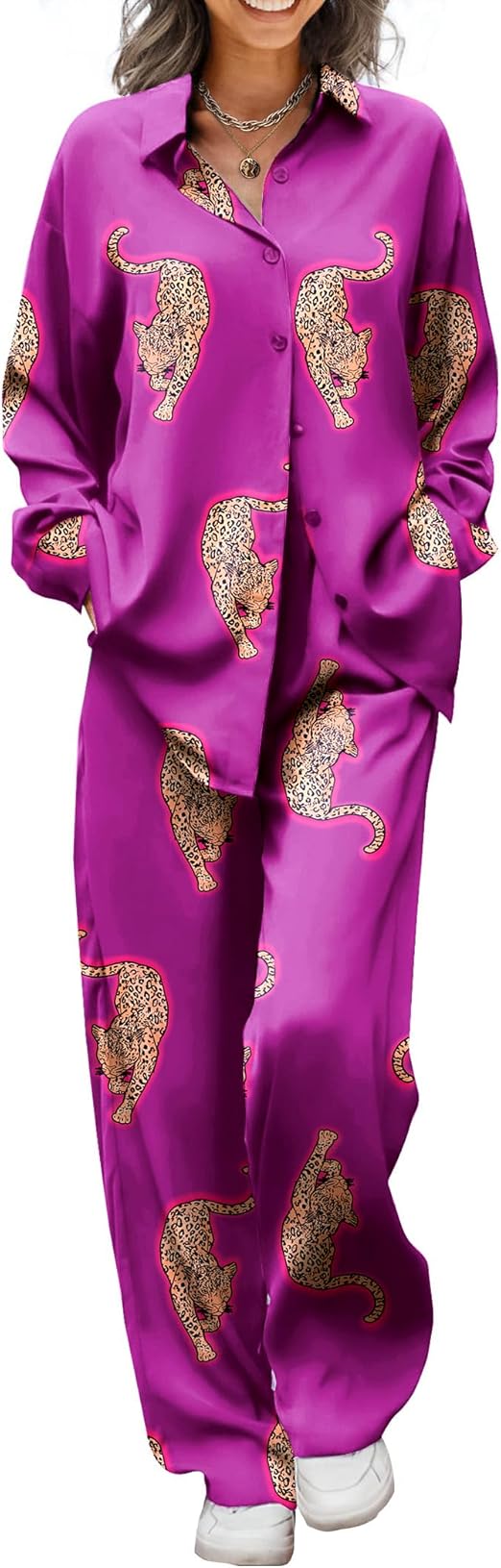 Ekouaer Womens Satin Silky Pajama Set 2 Piece Print PJs Soft Loungewear Button Down Sleepwear with Elastic Waist Long Pants