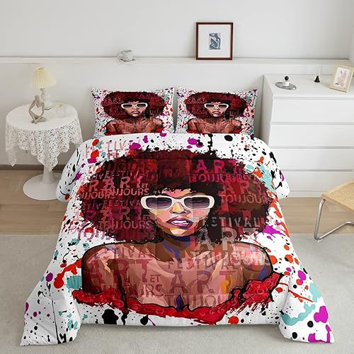 Erosebridal Juego de edredón y ropa de cama de niña negra afroamericana, juego de edredón de grafiti colorido para niñas, niños, adolescentes,
