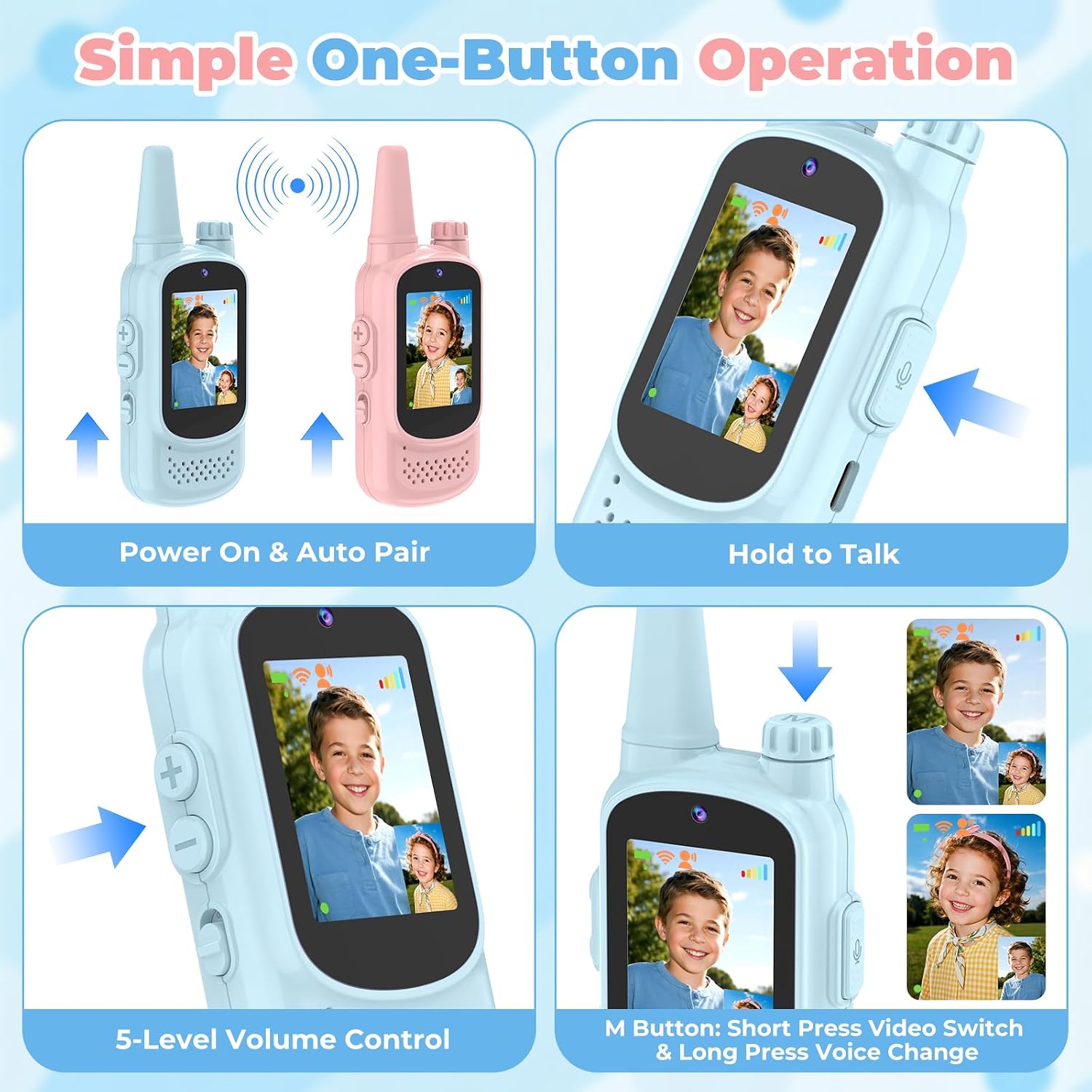 Video Walkie Talkies for Kids, Rechargeable Kids Walkie Talkies 2 Pack with Clearer Video Camera, Longer Range Radios, 3 Voice Effects, Travel Outdoor Toddler Toys, Gifts for Boys Girls Ages 3-12
