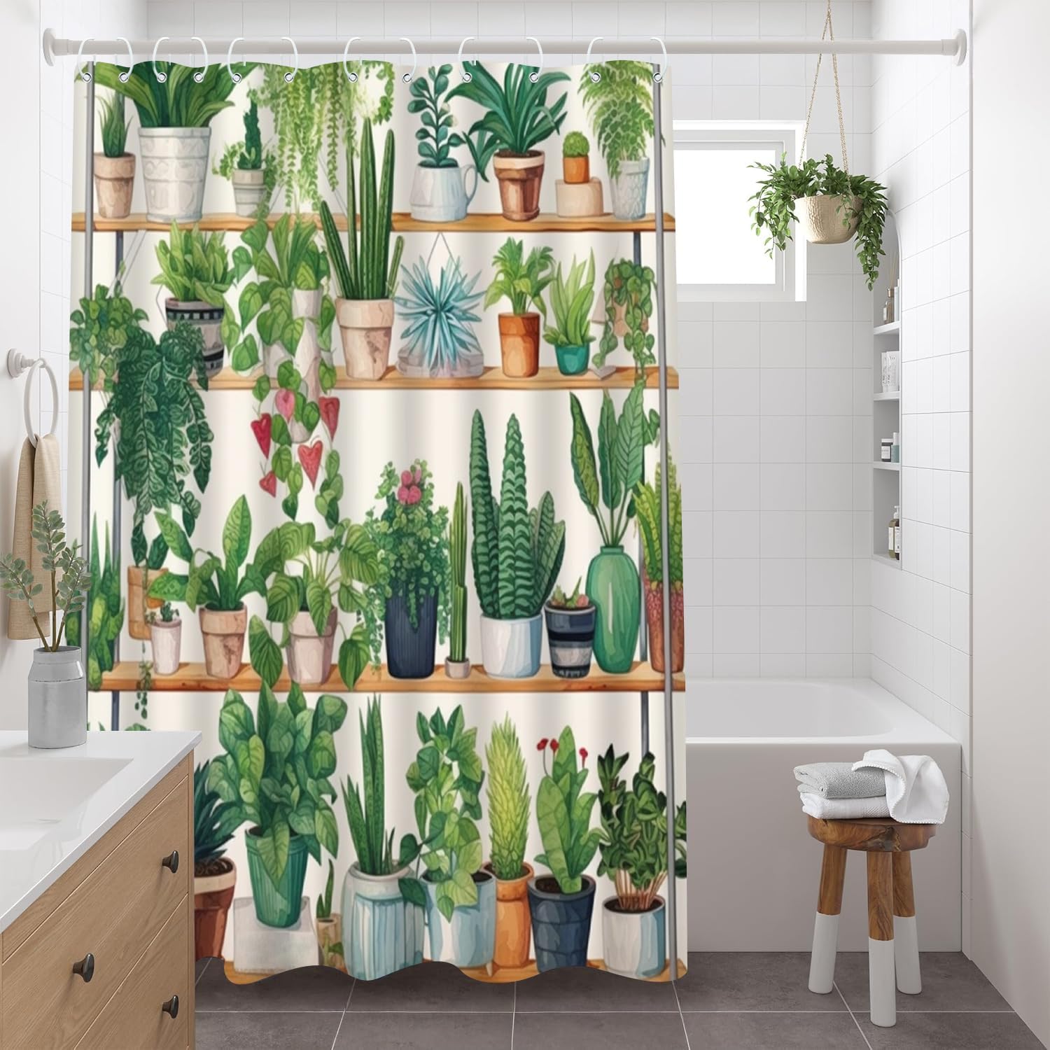 Tropical Green Plant Shower Curtain Boho Floral Flower Leaves Cactus Succulent Botanical Spring Nature Garden Landscape Bathroom Set Decor Polyester Fabric with Hooks 70Wx70H Inch