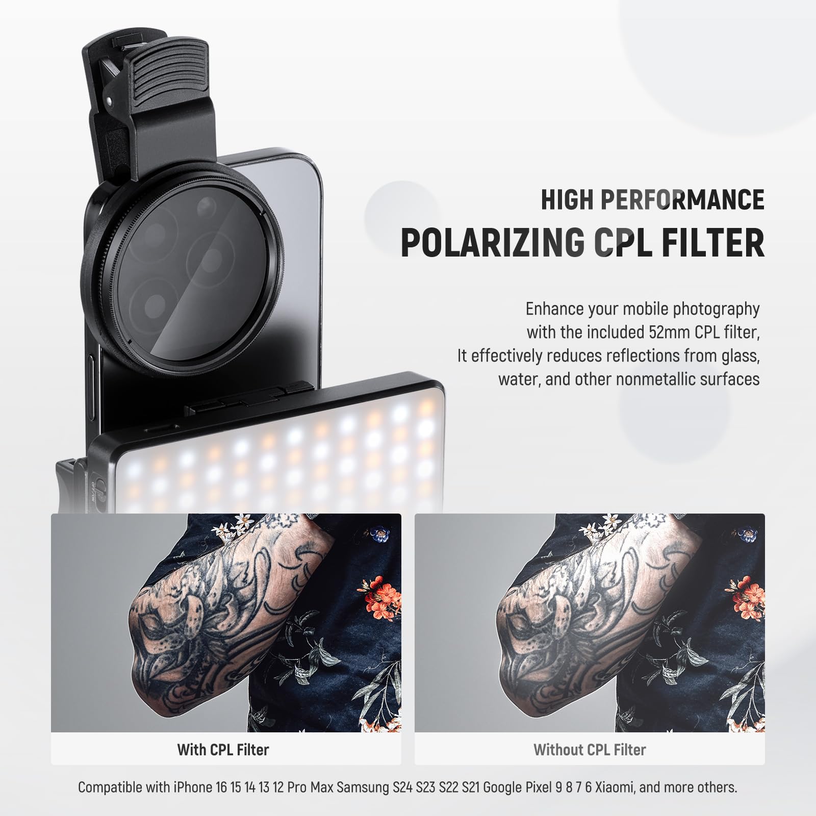 NEEWRE BASICS Luce Selfie LED & Tattoo Compatibile con iPhone, Luce a Clip con Filtro CPL/Treppiede/Portatelefono, Lampada di Riempimento per Fotografia Arte Cibo Gioielli, Registrazione Video,BL120B