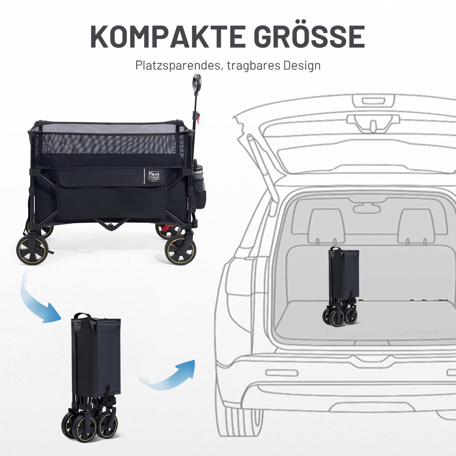 TIMBER RIDGE XXXL Bollerwagen Faltbar 225L mit Bremse | Transportwagen Klappbar Große Kapazität Verstellbarer Griff Seitentasche Getränkehalter Gartenwagen Handwagen Alle Gelände