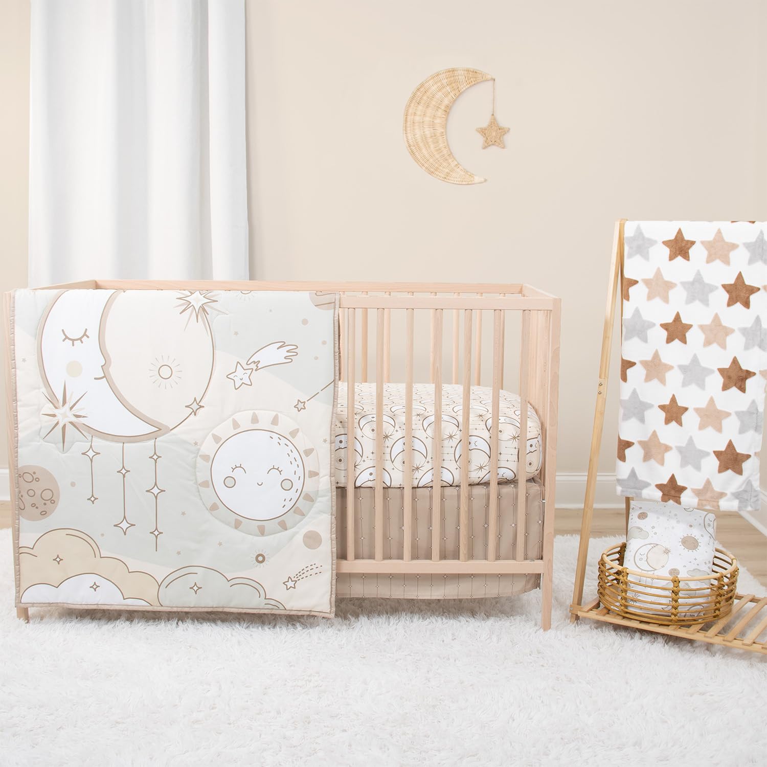 The Peanutshell Baby Crib Bedding Set for Boys or Girls, Neutral, 5 Pieces, Twinkle Moon Stars Nursery Decor, Crib Comforter Set