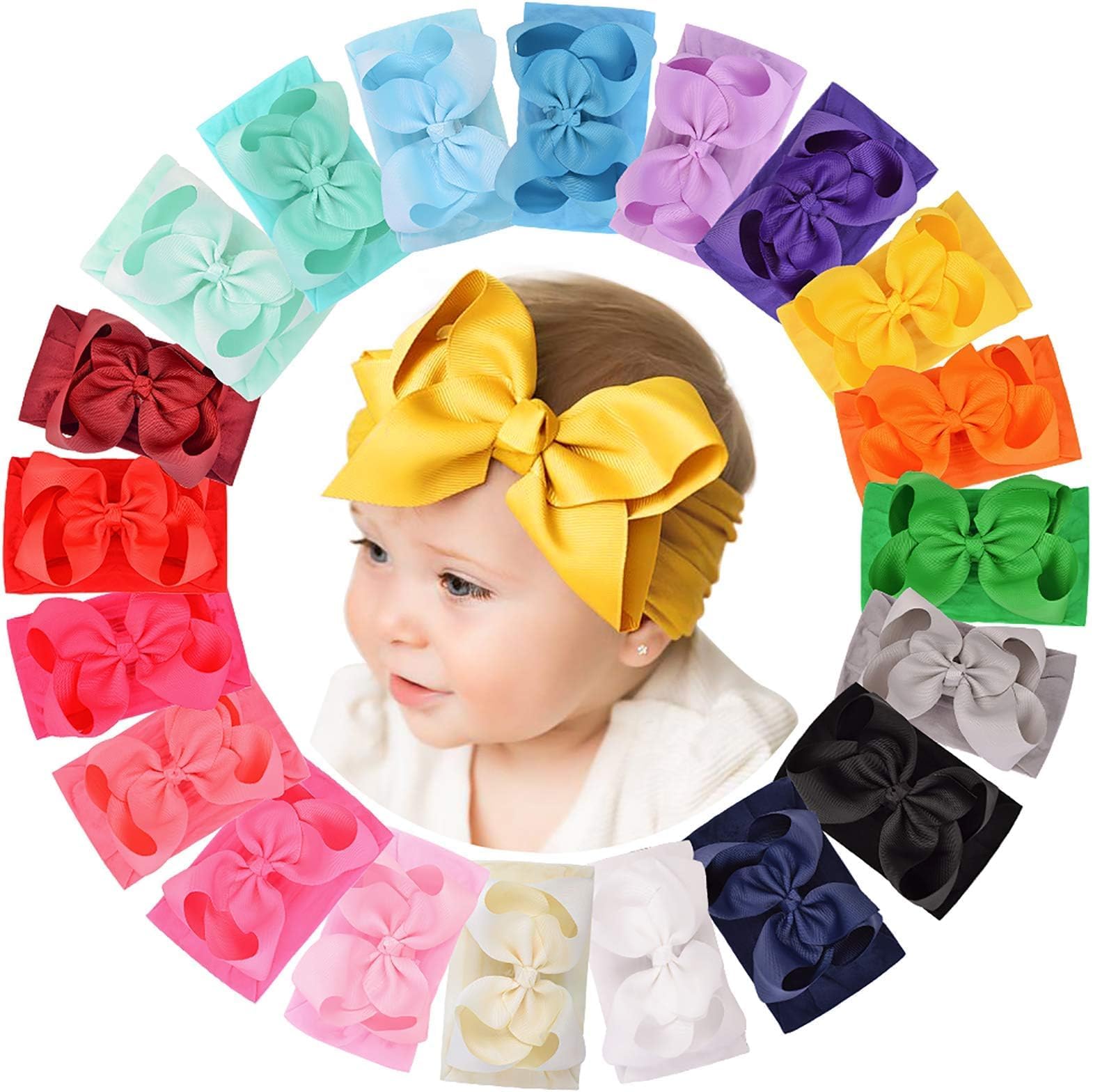 doboi 20pcs 6 Inches Baby Girls Big Bows Headbands Elastic Nylon Hairbands Turban Hair Accessories for Newborns Infants Toddlers and Kids