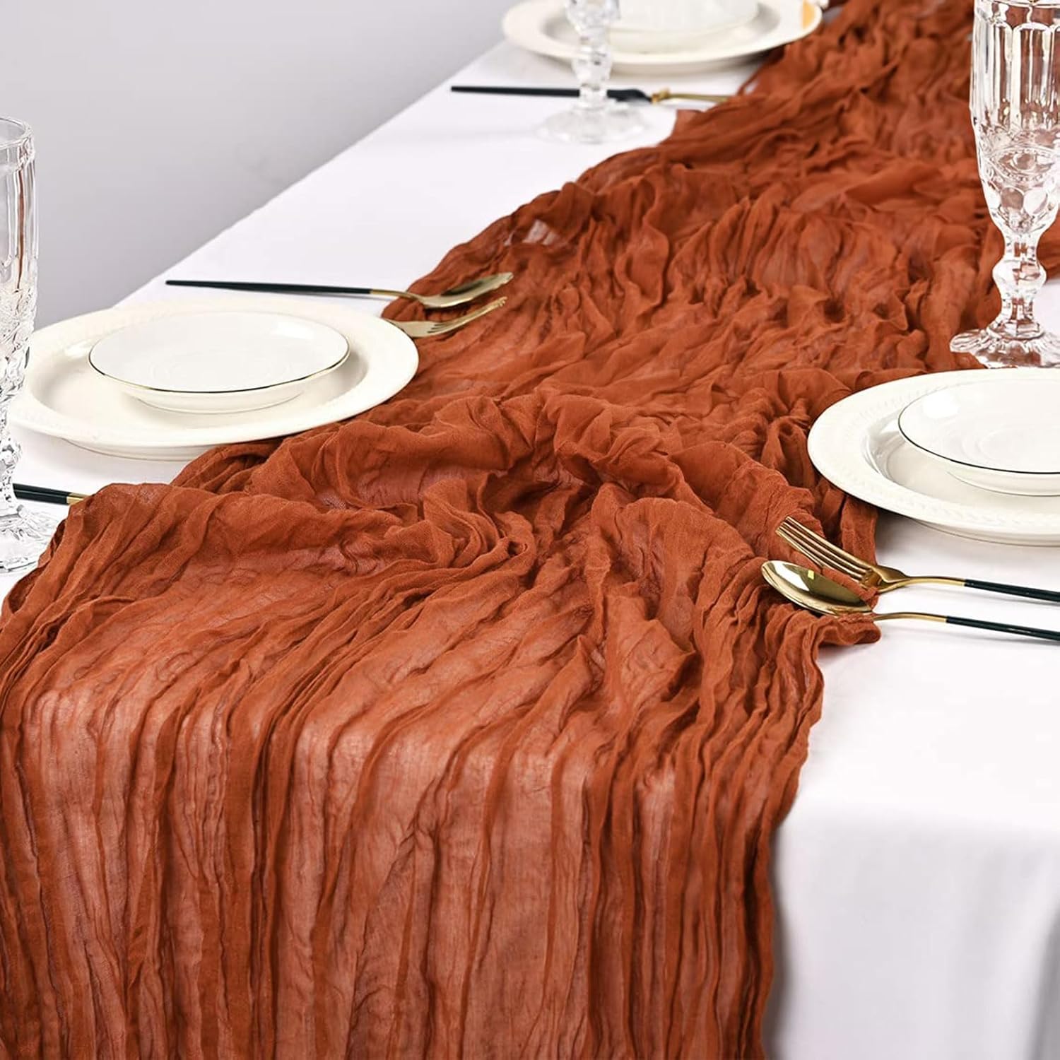 10PCS Terracotta Cheesecloth Table Runner 120*35ft Boho Gauze Fabric Cheese Cloth Table Runner Comes Runner for Romantic Wedding Birthday Shower Party Table Decoration